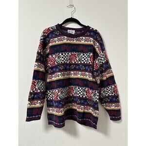 80's Vintage 3D Knit Floral Rose Sweater Size Large Cotton Grandma Cottage